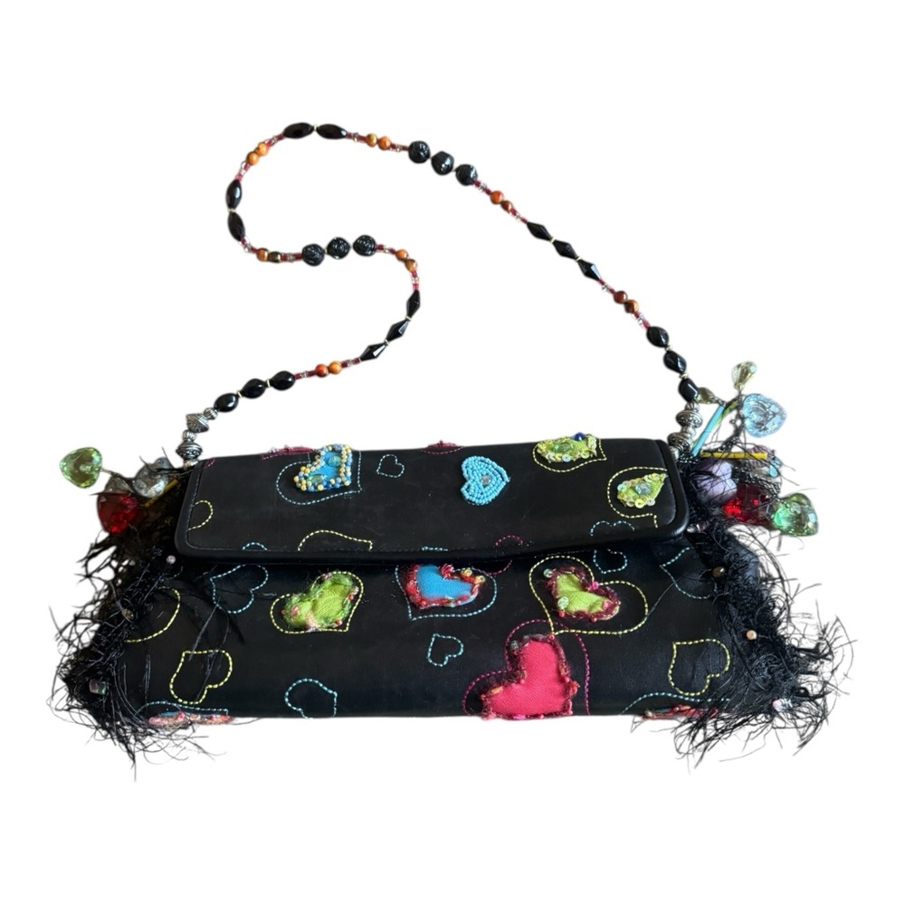 Rare! Vintage Mary Frances Black Shoulder Bag Beaded Colorful Heart Accents - Picture 4 of 17